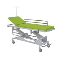 Emergency stretcher trolley: hydraulic height adjustment, painted steel, folding handrails and IV pole support (colors available)